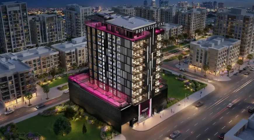 Aerial view of FAUCHON Residences at dusk, Jumeirah Garden City, Dubai