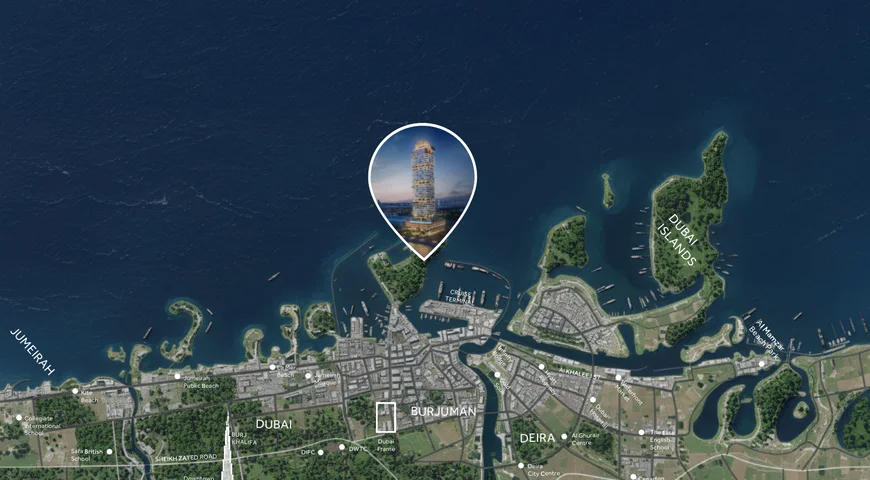 Map showing Hilton Residences at Dubai Maritime City relative to Downtown Dubai, Deira and the Dubai Islands