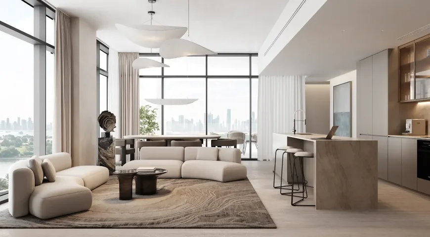 Living room and open kitchen in a three bedroom residence at Sanctuary, with full-height glazing onto the Dubai skyline