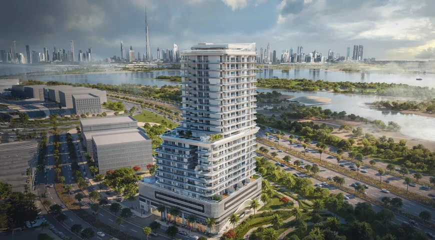 Aerial view of Sanctuary at Meydan Horizon showing the tower against the Ras Al Khor wetlands and the Downtown Dubai skyline